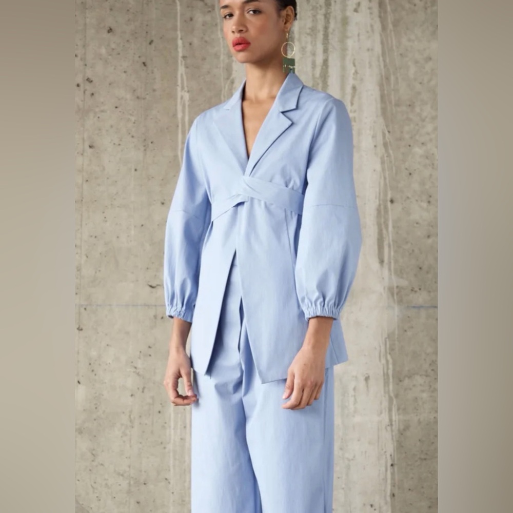 SARA LANZI Size S • Blue Cotton Long Sleeve Wrap Jacket Top.